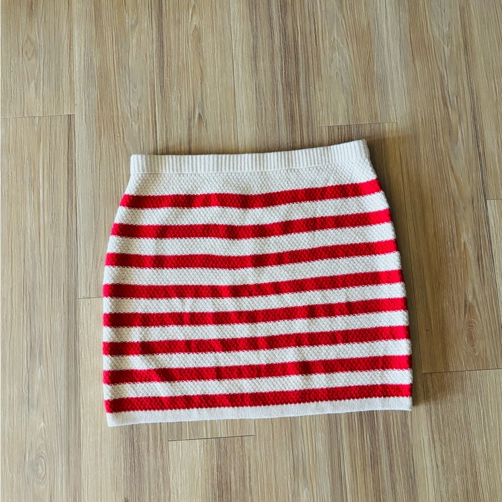A New Day Mini Skirt Beige Red Stripe Knit Pull On Womens Large Preppy Nautical